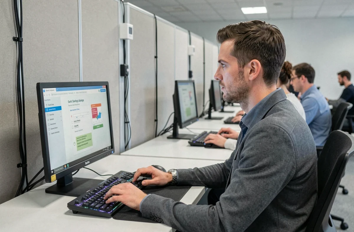 Apprenant adulte utilisant un logiciel de formation en anglais sur ordinateur dans un centre 2 Easy à Saint-Étienne