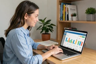 Jeune femme analysant les statistiques d'une campagne emailing sur son ordinateur portable dans un bureau à domicile, illustration d'un abonnement emailing abordable pour débutants