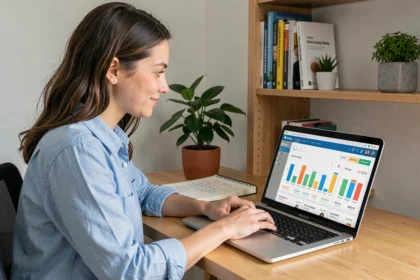 Jeune femme analysant les statistiques d'une campagne emailing sur son ordinateur portable dans un bureau à domicile, illustration d'un abonnement emailing abordable pour débutants