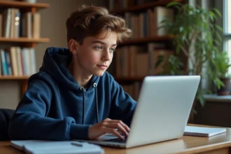Adolescent en train de créer son compte PSN Mon Lycée sur un ordinateur portable dans sa chambre d'étudiant