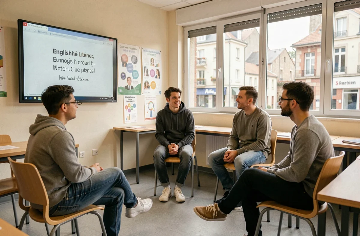 Petit groupe d'adultes en cours d'anglais dans une salle de classe moderne à Saint-Étienne chez Adeo