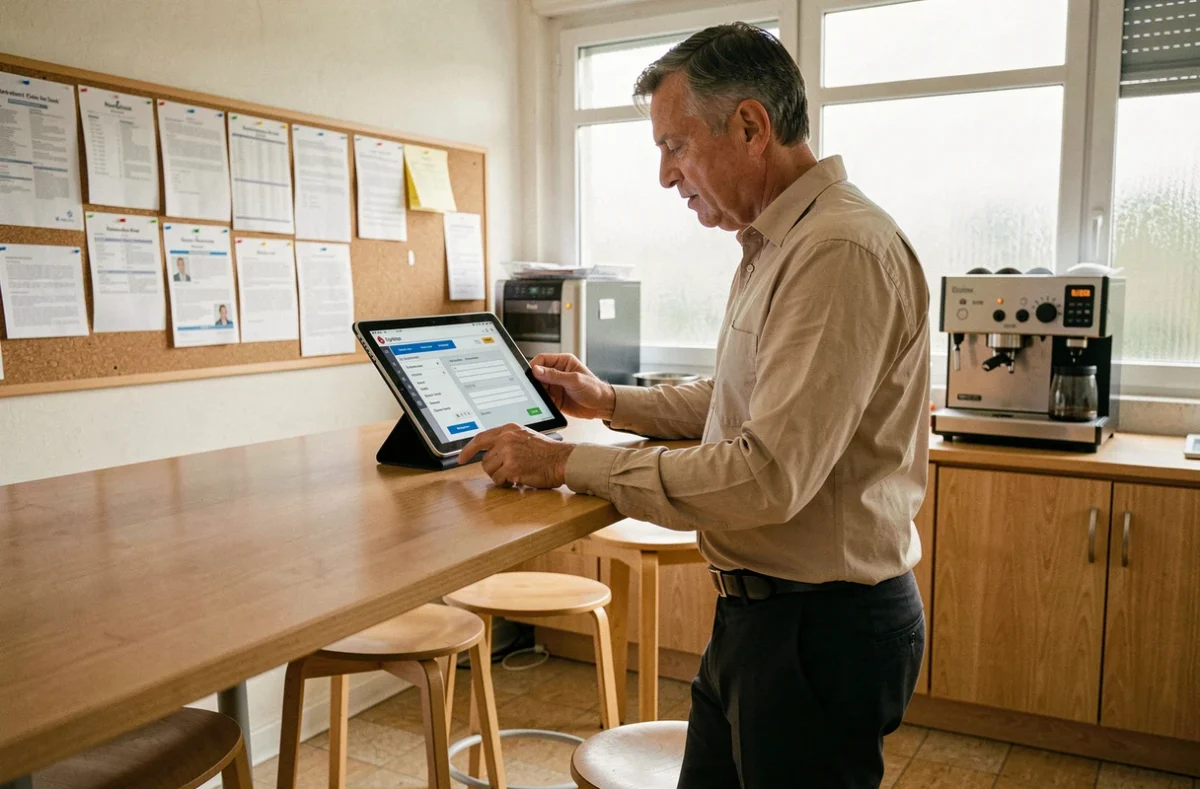 Administrateur scolaire consultant le portail du personnel académique sur une tablette dans une salle des professeurs