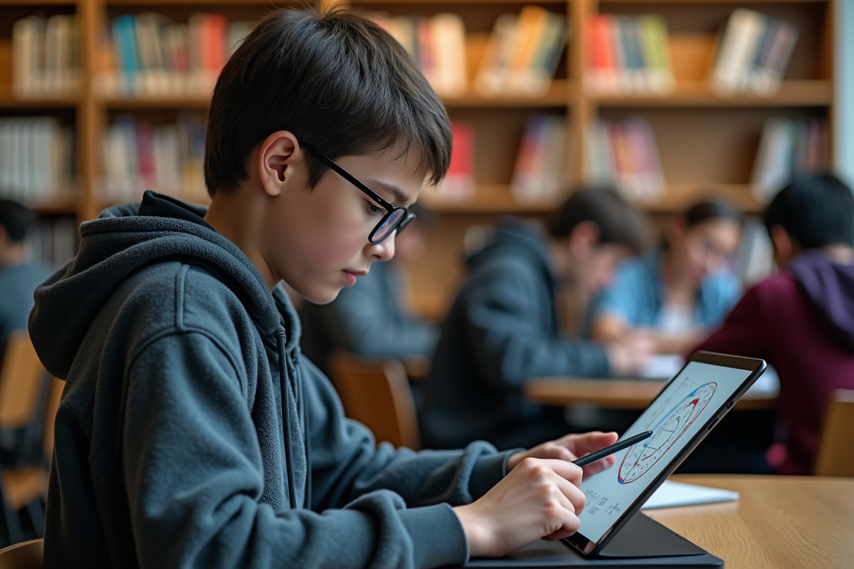 Adolescent concentré dans une bibliothèque universitaire