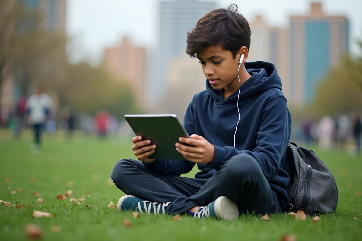 Adolescent en parc urbain utilise une tablette pour apprendre l