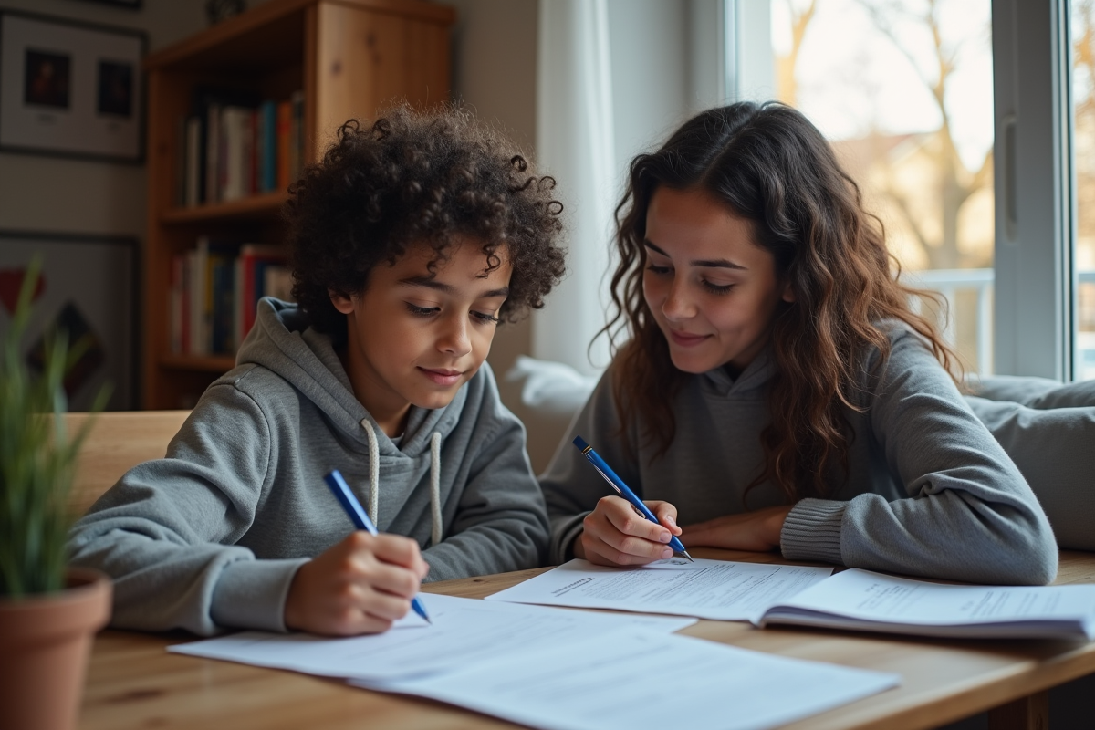 Adolescent et sa mère remplissant des papiers dans un salon