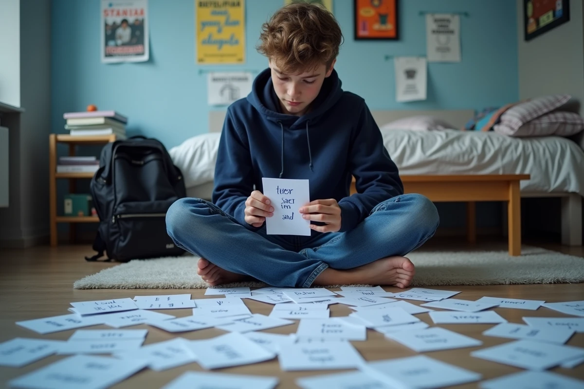 Adolescent révisant les conjugaisons du passé simple espagnol tener entouré de fiches au sol dans sa chambre