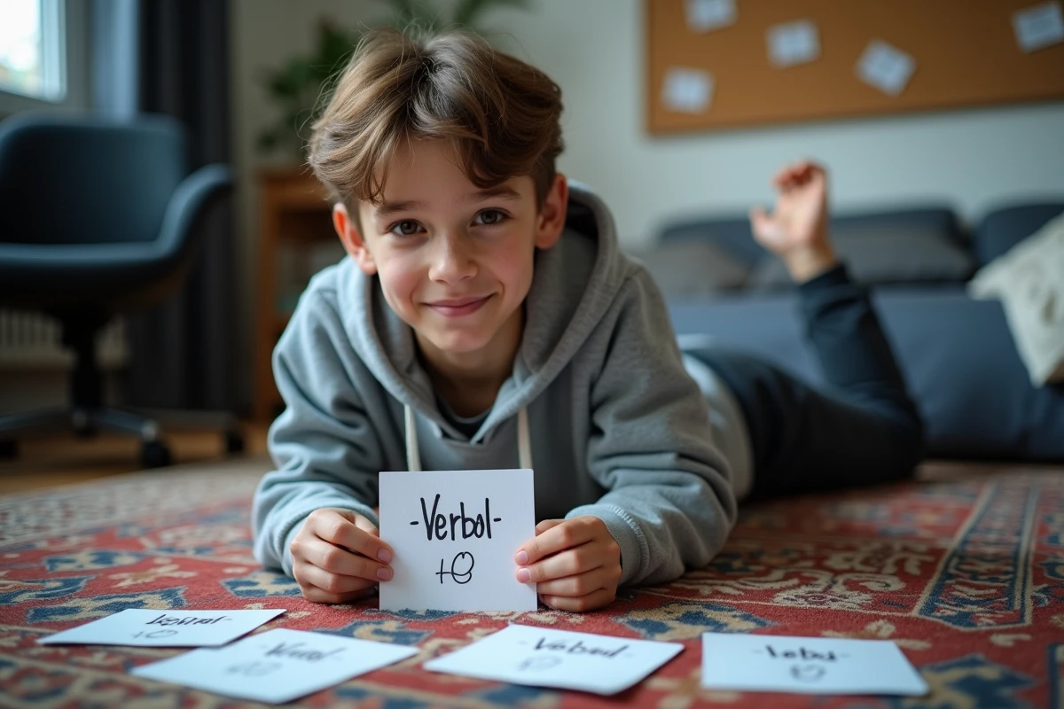 Adolescent révisant la conjugaison espagnole à l'imparfait avec des flashcards faites main sur le sol de sa chambre