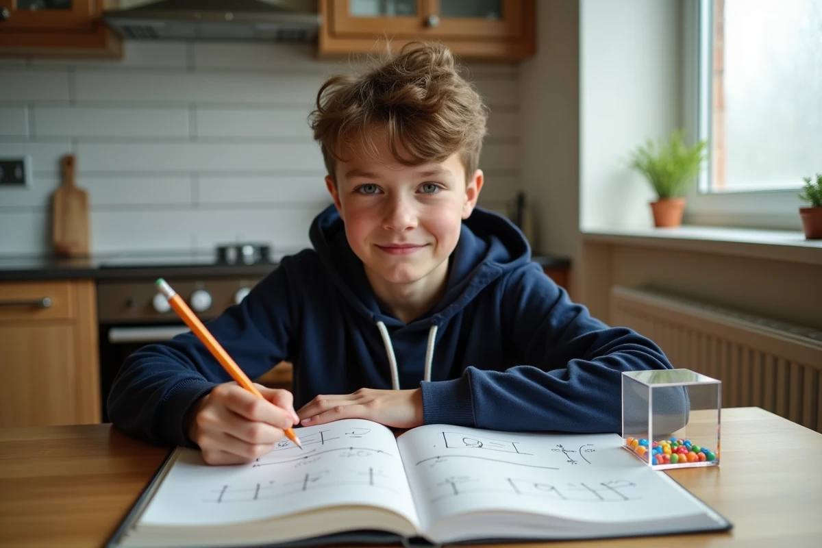 Adolescent résolvant un problème de volume de cube à la maison avec un cube en acrylique et un cahier de mathématiques