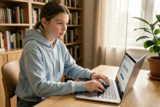 Adolescente activant son compte ENT scolaire sur un ordinateur portable à la maison lors de la rentrée