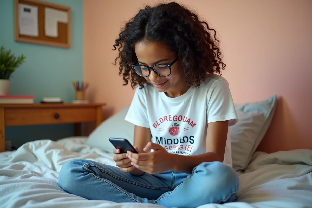 Adolescente vérifiant ses notes et absences sur l'application mobile Eclyco depuis sa chambre, représentant l'autonomie scolaire numérique