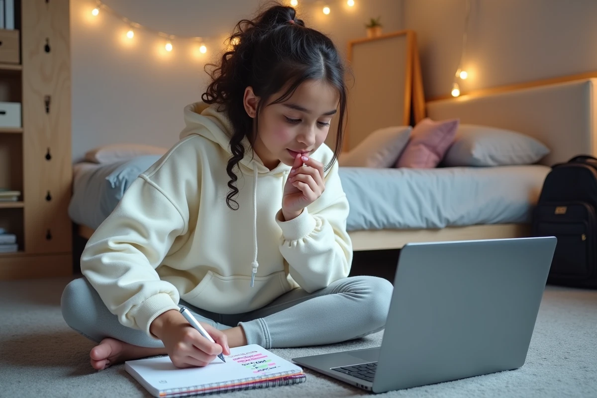 Adolescente révisant les verbes du deuxième groupe en français avec un cahier coloré et une application sur ordinateur portable