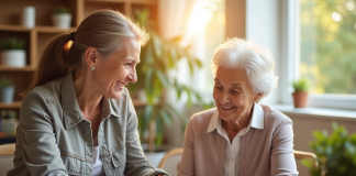 Assistante sociale aidant une personne agee dans un centre lumineux