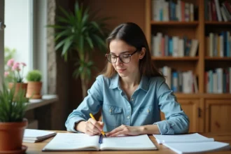 Jeune femme étudiant la conjugaison du deuxième groupe de verbes français avec des livres de grammaire ouverts sur un bureau en bois