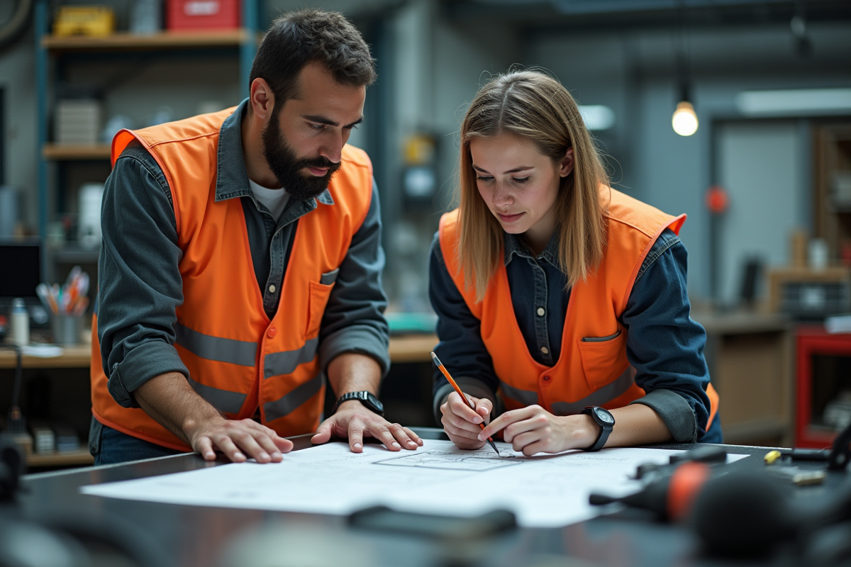 Deux apprentis en atelier collaborant sur un projet technique