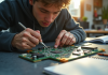 Étudiant assemblant un circuit électronique au travail lumineux
