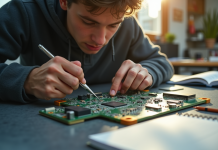Étudiant assemblant un circuit électronique au travail lumineux