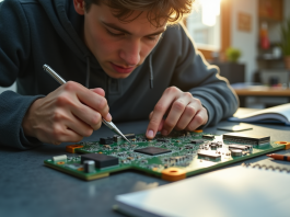 Étudiant assemblant un circuit électronique au travail lumineux
