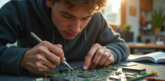 Étudiant assemblant un circuit électronique au travail lumineux