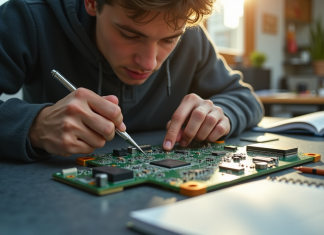 Étudiant assemblant un circuit électronique au travail lumineux