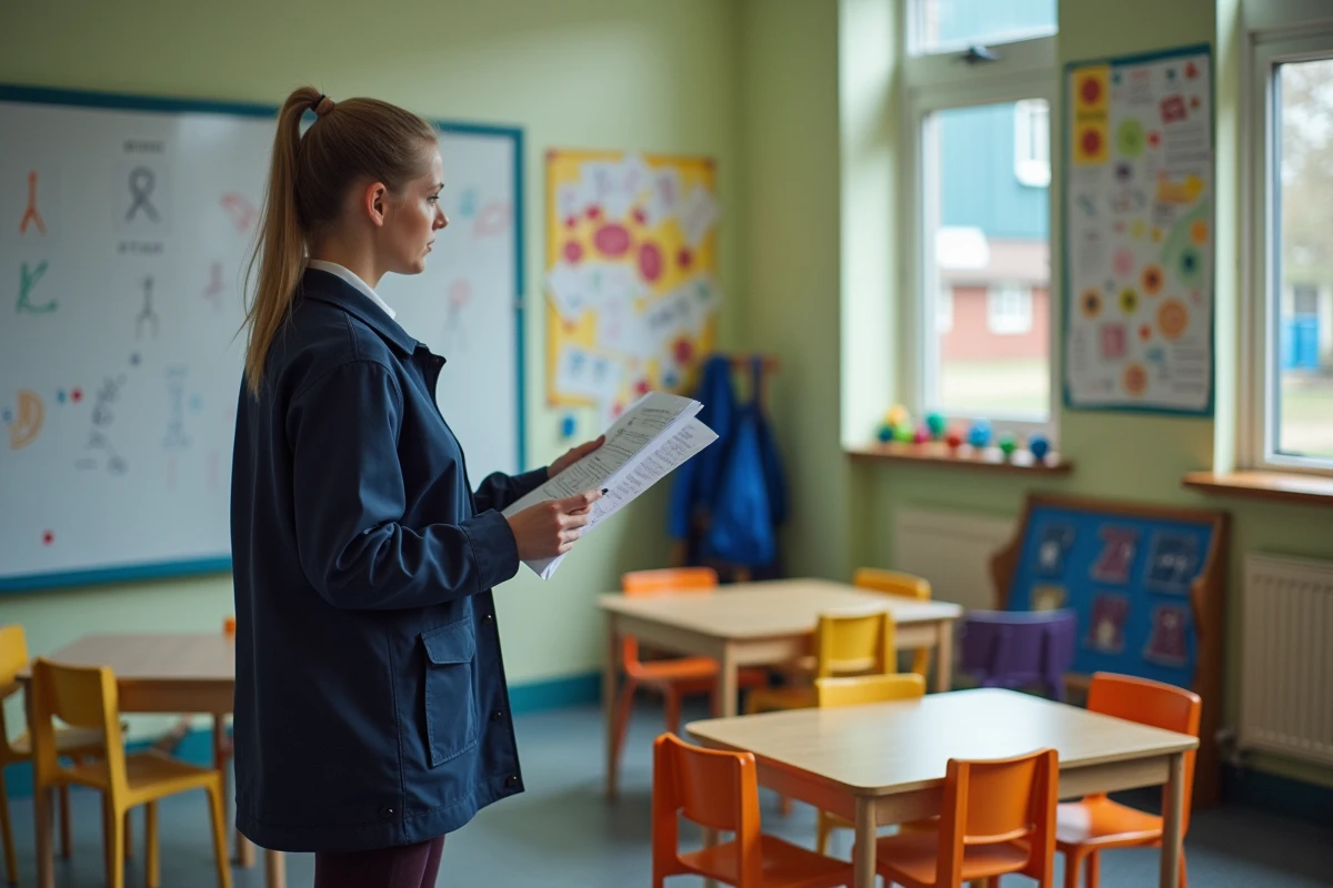 ATSEM en classe de maternelle consultant son planning de travail