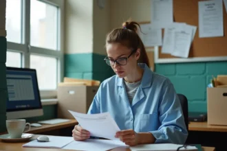 ATSEM examinant sa fiche de paie dans un bureau scolaire municipal