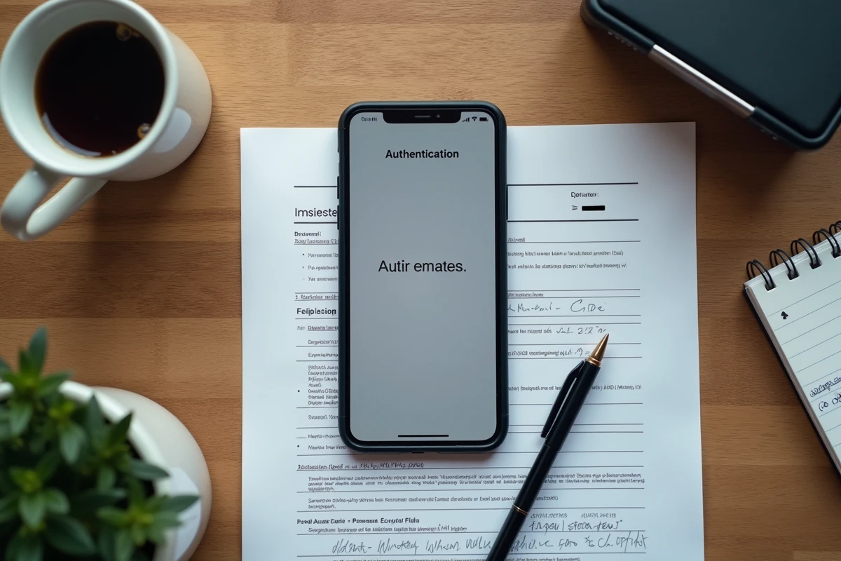 Vue en plongée d'un smartphone affichant une authentification à deux facteurs posé sur un bureau avec des documents administratifs sécurisés