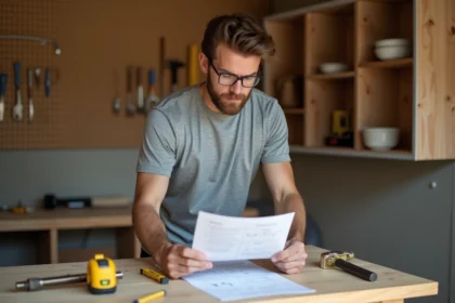 Bricoleur débutant en atelier étudiant une fiche d'instructions pour apprendre les bases du bricolage via une formation CPF