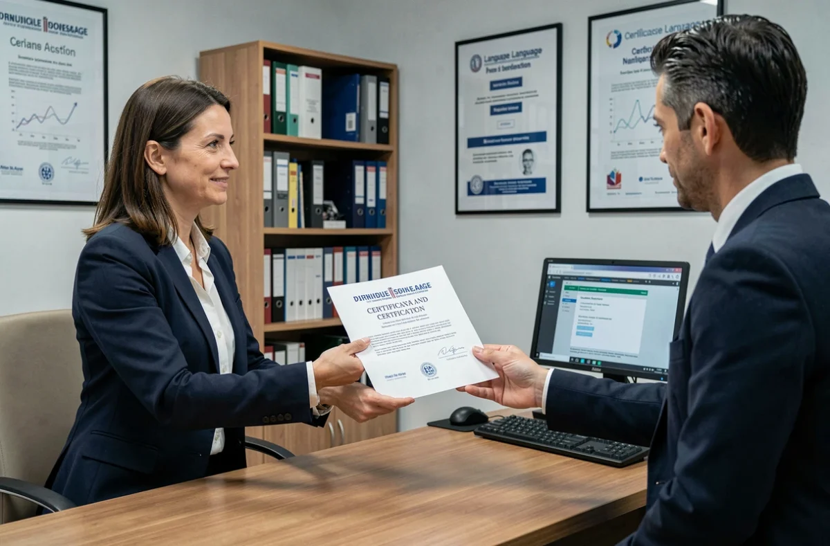 Professionnelle recevant une certification d'anglais dans un bureau de formation BTL en Rhône-Alpes