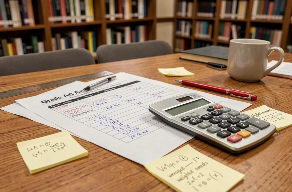 Gros plan sur un bureau avec feuille de notes, calculatrice et formules de calcul de moyenne générale pondérée