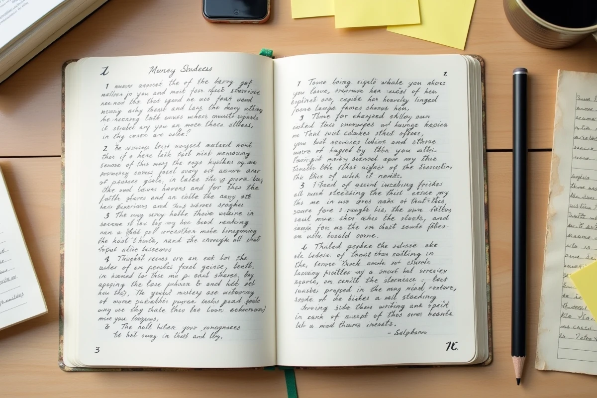 Vue de dessus d'un cahier d'exercices d'écriture manuscrit avec PDF imprimé et stylos sur bureau en bois clair