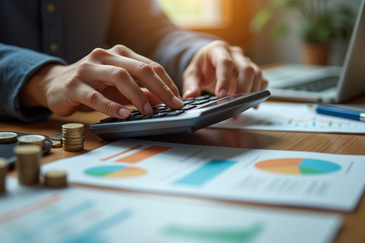 Mains tenant une calculatrice avec rapport financier et pièces