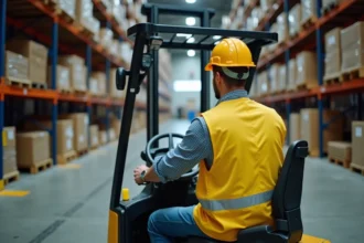 Cariste homme au volant d'un chariot élévateur CACES 1 3 dans un entrepôt logistique industriel