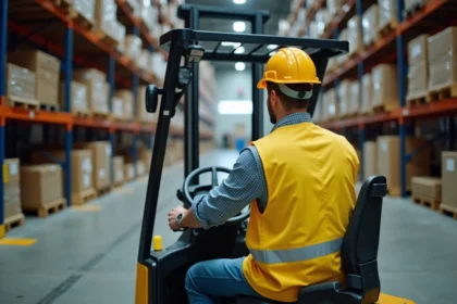 Cariste homme au volant d'un chariot élévateur CACES 1 3 dans un entrepôt logistique industriel