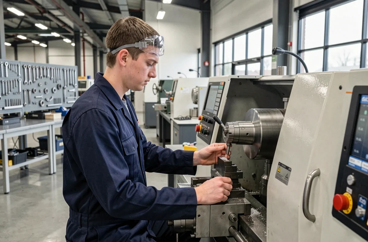 Apprenti en formation industrielle au CFA de l'Industrie de Bourgogne, site de Dijon, travaillant sur une machine-outil