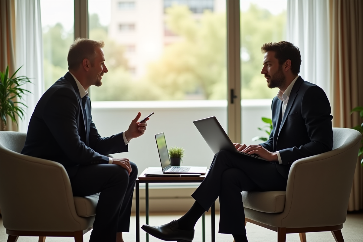 Coach et manager en discussion dans une salle lumineuse