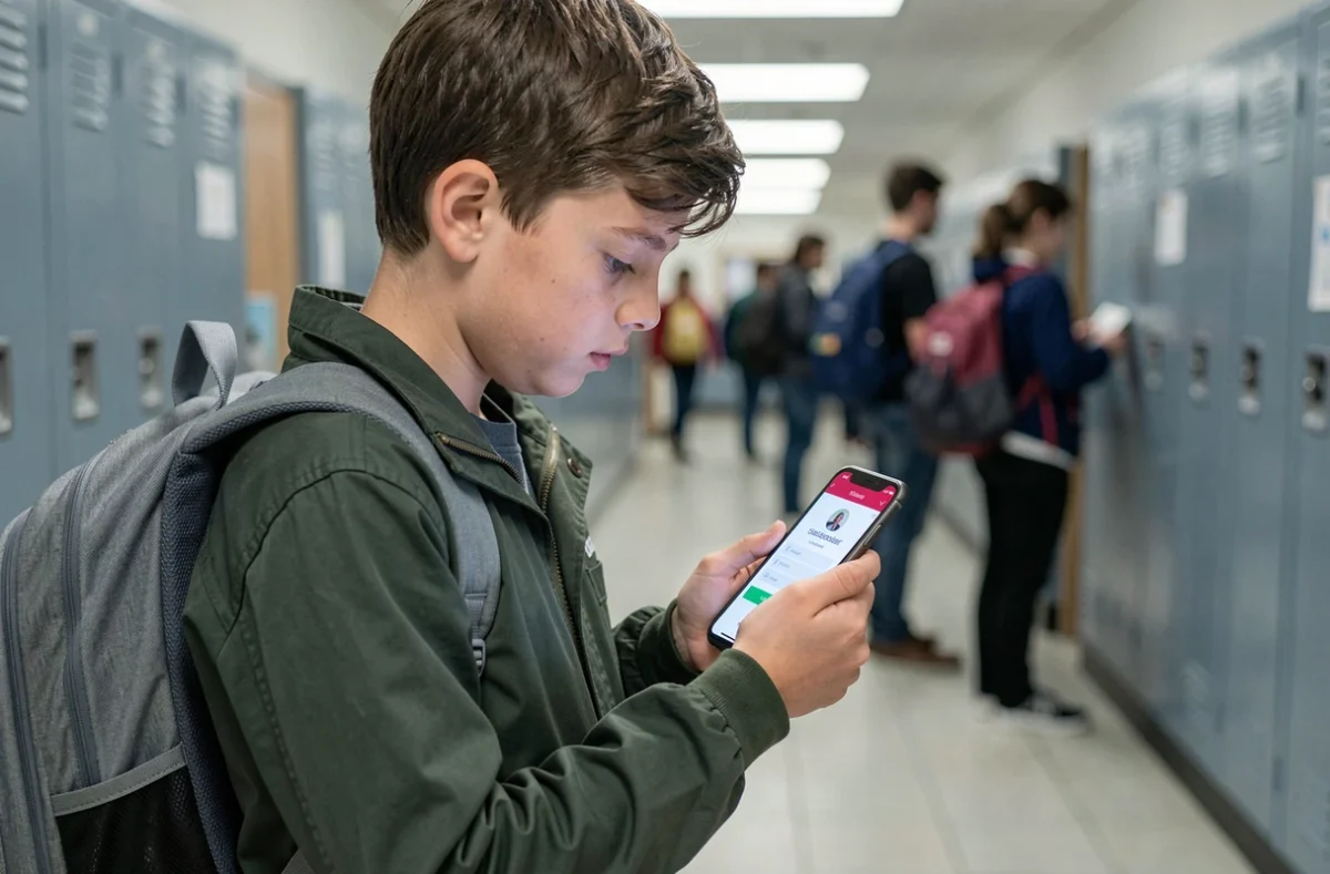 Collégien consultant l'application ENT sur son smartphone dans un couloir d'école à la rentrée