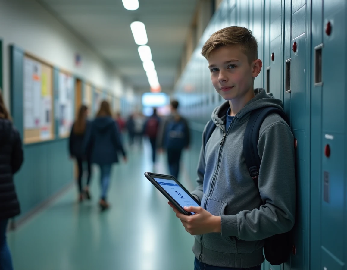 Collégien utilisant le portail ENT collège Essonne sur une tablette dans un couloir d'établissement scolaire