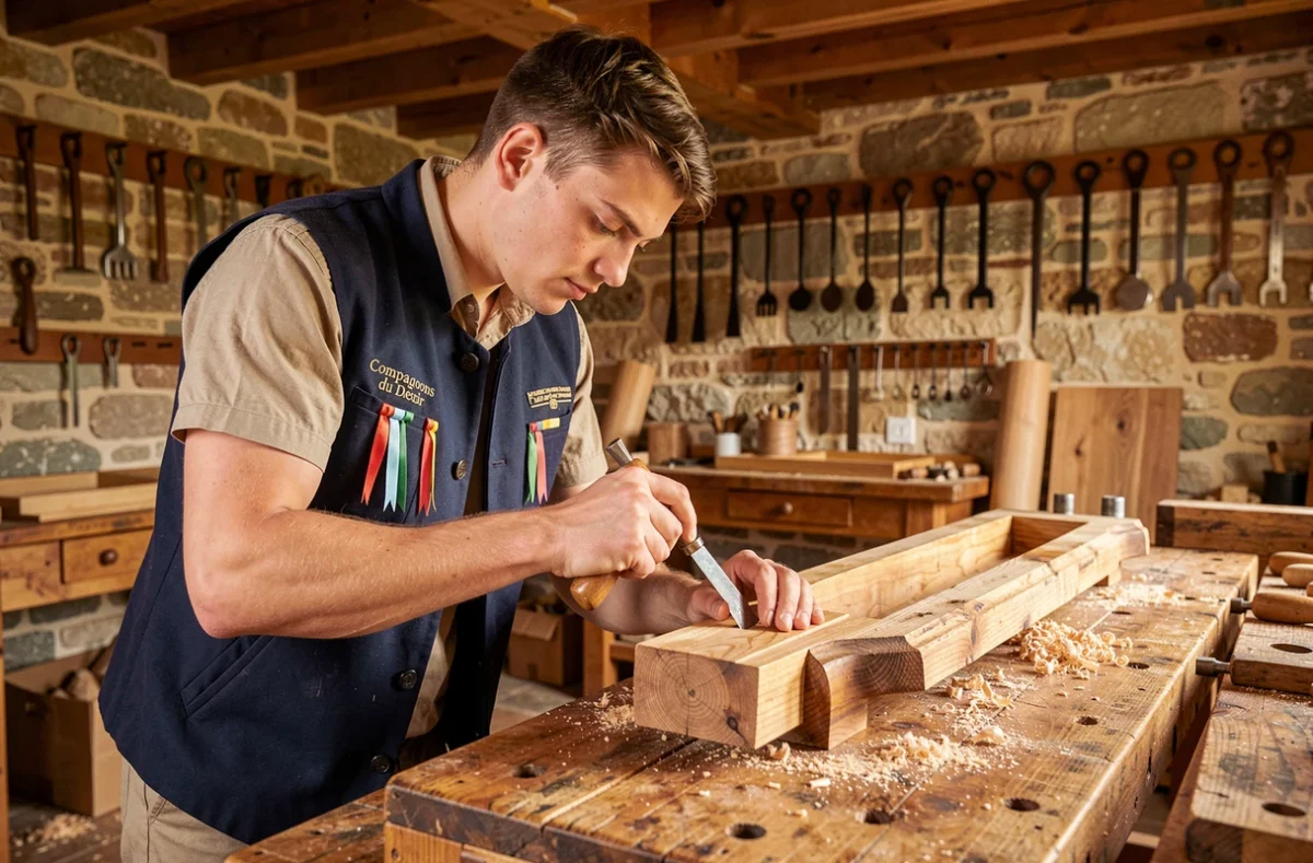 Jeune compagnon du devoir en tenue traditionnelle travaillant le bois dans l'atelier des Compagnons du Devoir à Dijon