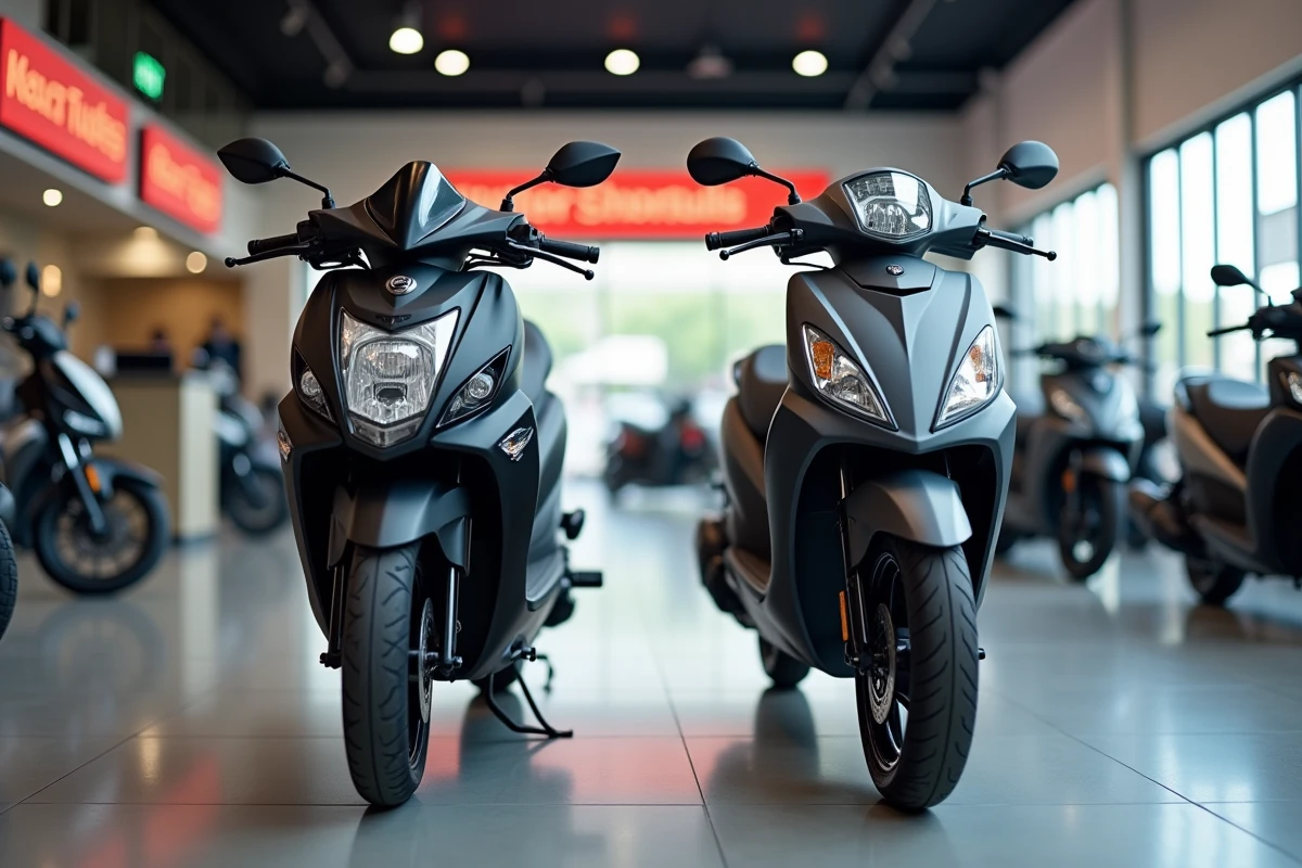 Comparaison entre une moto 125cc et un scooter 125cc dans un showroom de concessionnaire