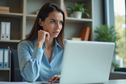 Femme enseignante assise devant un ordinateur portable dans un bureau administratif scolaire, semblant chercher son mot de passe intranet