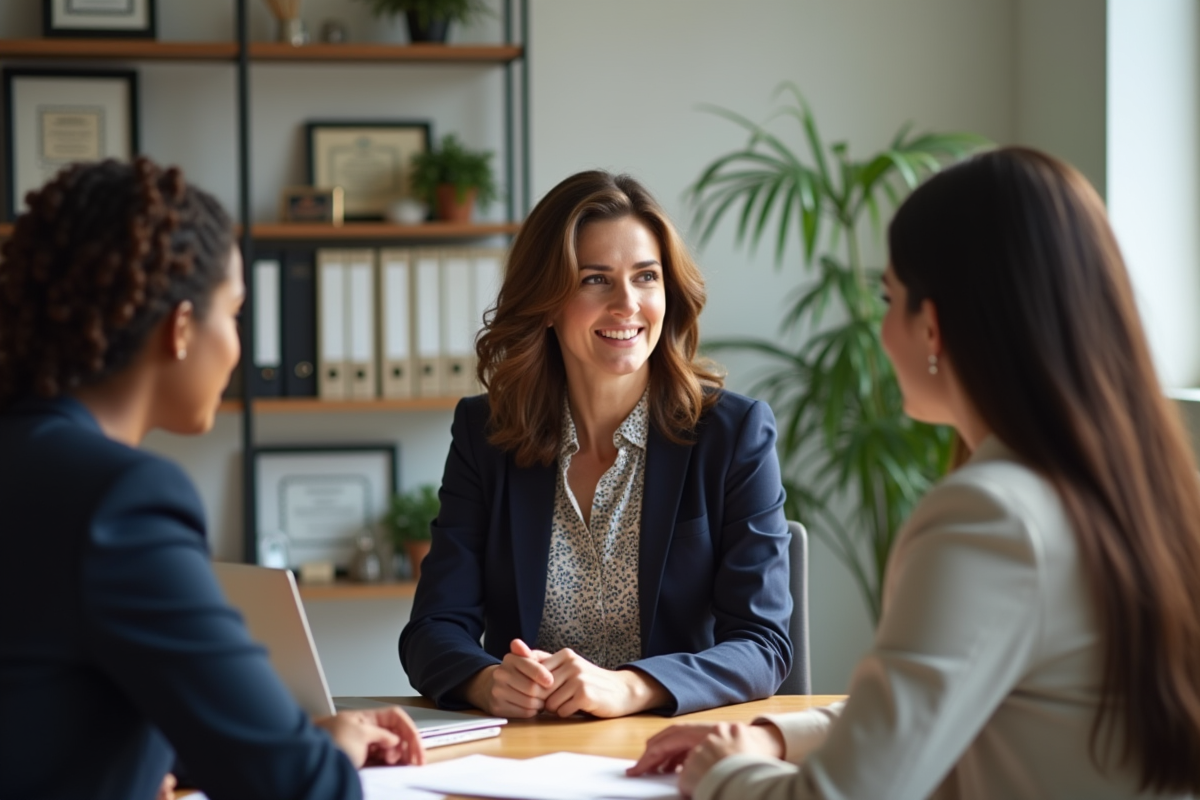 Conseillère financière discutant avec des apprentis dans un bureau
