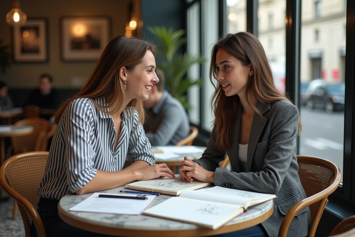 Deux étudiantes discutant des conseils pour réussir le dossier de candidature à l'Esaa Duperré dans un café parisien