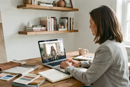 Femme consultant une décoratrice d'intérieur en visioconférence avec des échantillons de tissu et carnets de notes sur un bureau en bois
