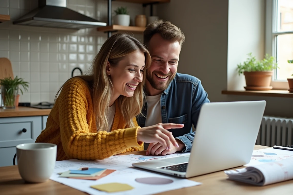 Couple de futurs propriétaires planifiant des travaux de rénovation autour de cours de bricolage en ligne avant leur premier achat immobilier