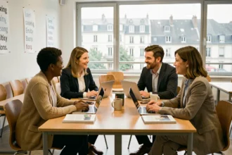 Groupe de professionnels adultes suivant un cours d'anglais dans un centre de langues moderne en Auvergne-Rhône-Alpes