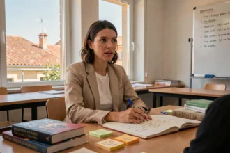 Femme adulte suivant un cours d'anglais dans une école de langues en Occitanie