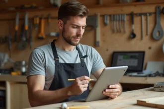 Homme adulte apprenant le bricolage sur tablette dans un atelier domestique bien rangé, préparant son premier achat immobilier