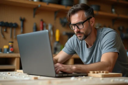 Homme adulte suivant un cours de bricolage en ligne sur son ordinateur portable dans un atelier à domicile