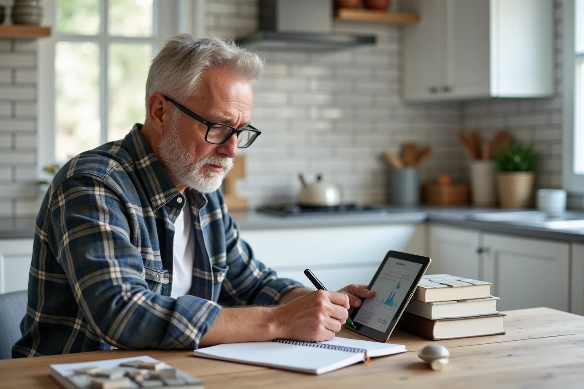 Homme senior prenant des notes lors d'un cours de bricolage en ligne sur tablette à la maison avec des échantillons de carrelage