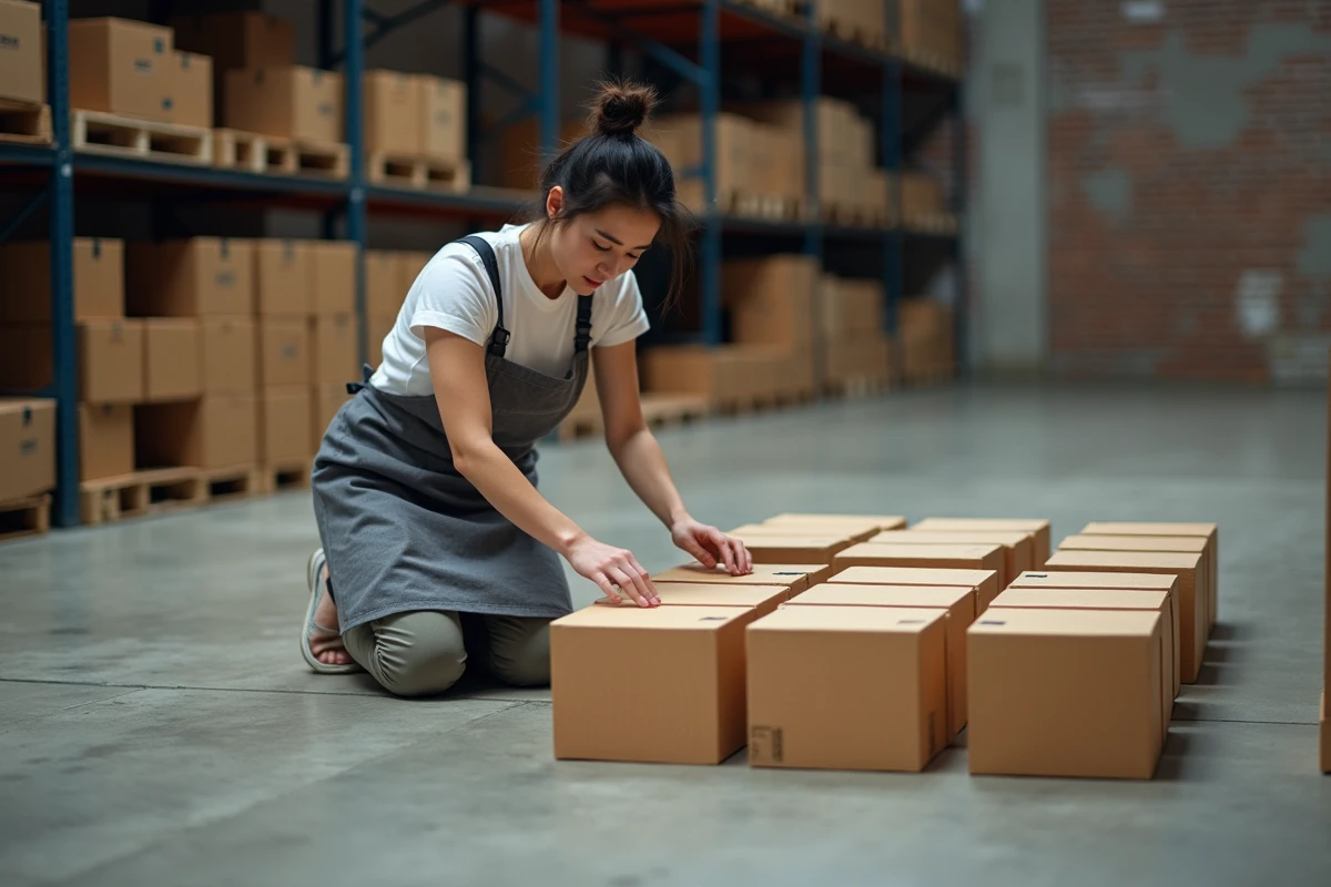 Jeune femme arrangeant des cubes en bois dans un entrepôt industriel pour illustrer le calcul du volume par empilement